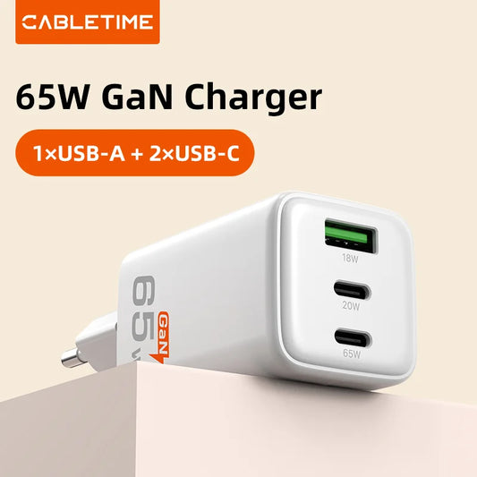 Cabletime 65W Dual Port GaN Wall Charger | 2C+1A | G65AW