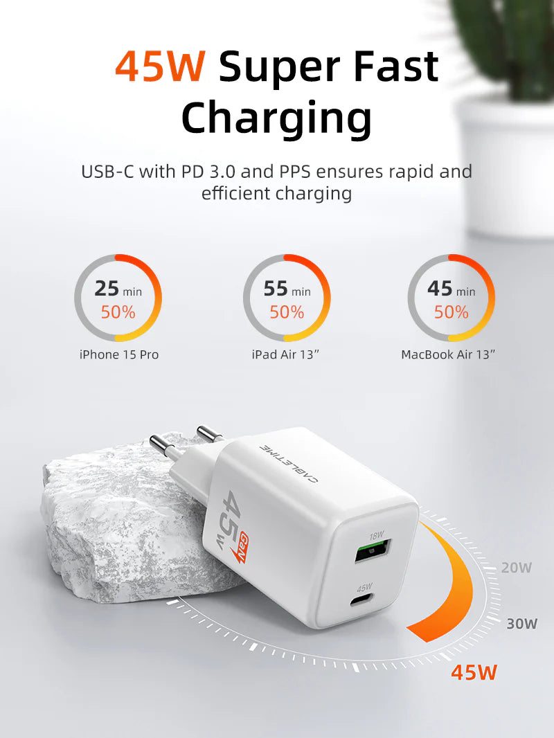 Cabletime 45W Dual Port GaN Wall Charger | 1C+1A | GA45W