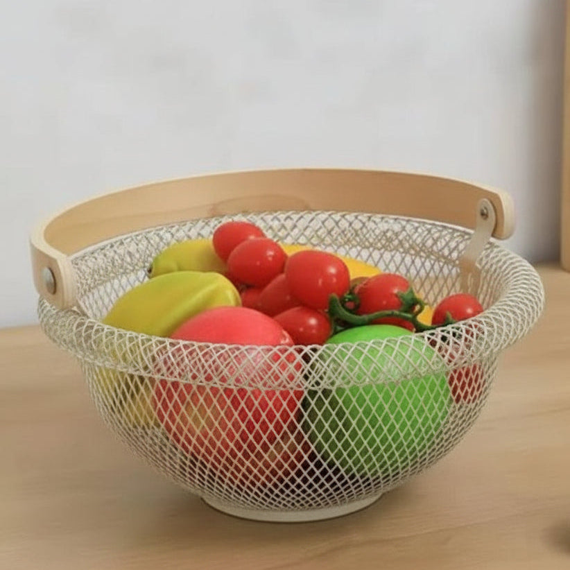 Multipurpose Metal Mesh Fruit Basket with wooden Handle | Black