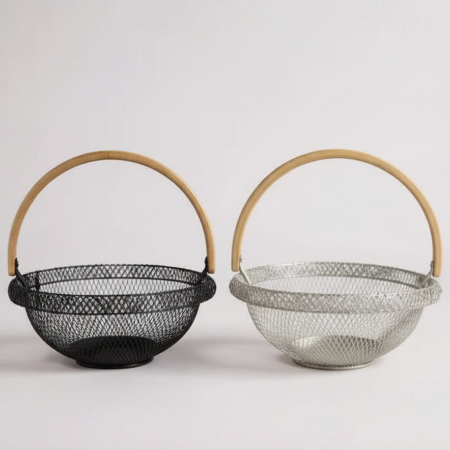 Multipurpose Metal Mesh Fruit Basket with wooden Handle | Black