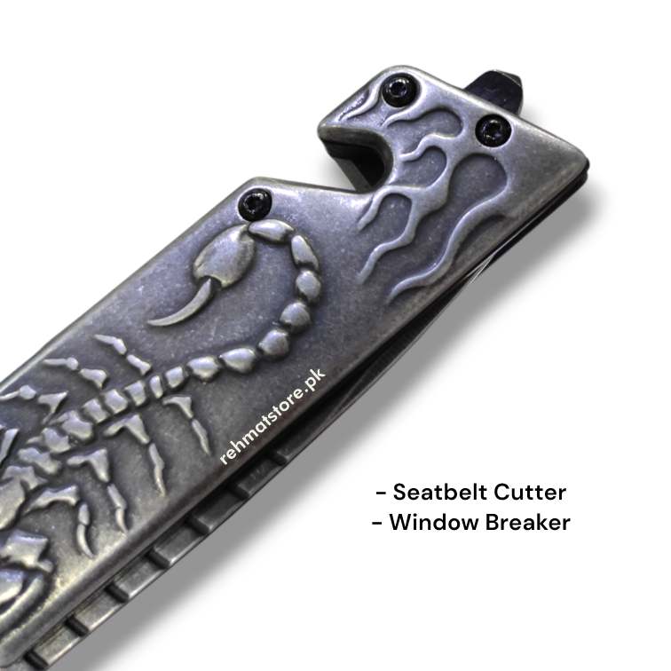 Stainless Steel Scorpion Knife with Window Breaker, Seat Belt Cutter & Belt Clip