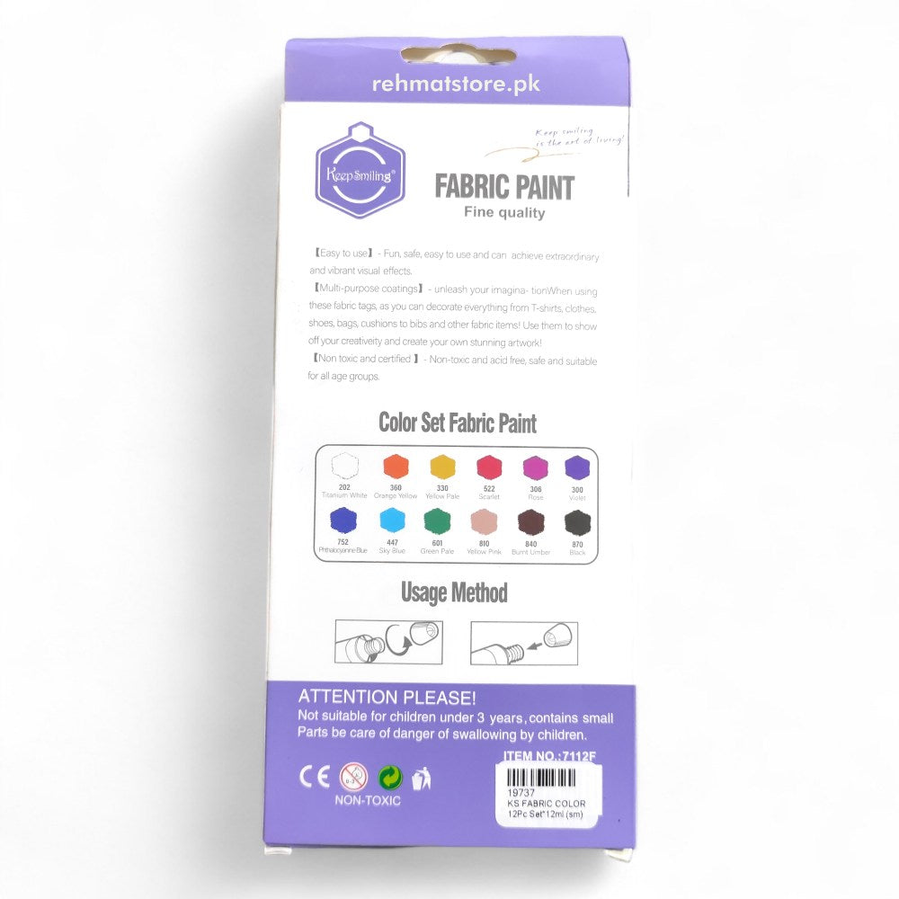 Fabric Paint 12 Colors Set 12ml Tubes