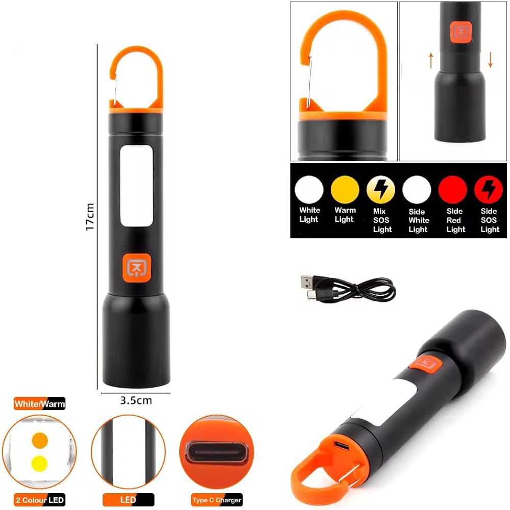 Multifunctional Metal 3 color emitting Zoom Torch Light / Flashlight | Type-C | 636-6
