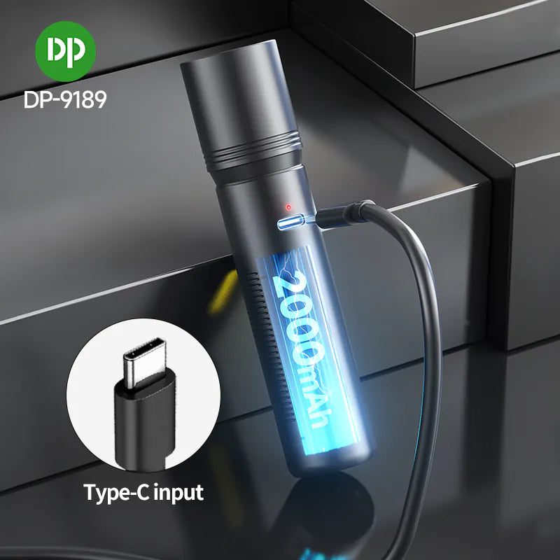 Pocket Torch Light / Flashlight | 5+2W Zoomable | 200mAh Type-C Charging | DP-9189 | Black) (Copy)