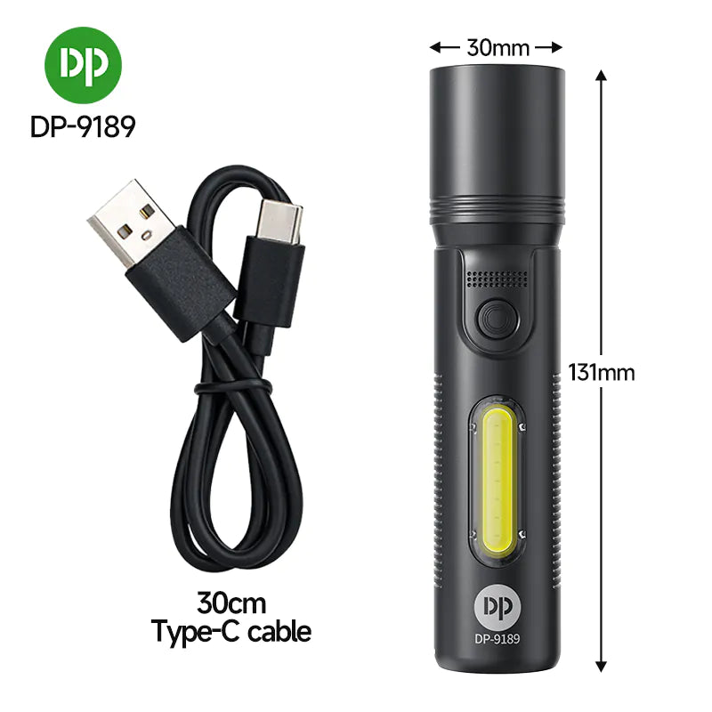 Pocket Torch Light / Flashlight | 5+2W Zoomable | 200mAh Type-C Charging | DP-9189 | Black) (Copy)