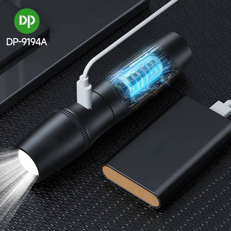 Mini Pocket Torch Light / Flashlight | 2W Zoomable | 800mAh Type-C Charging | DP-9194A | Black) (Copy)
