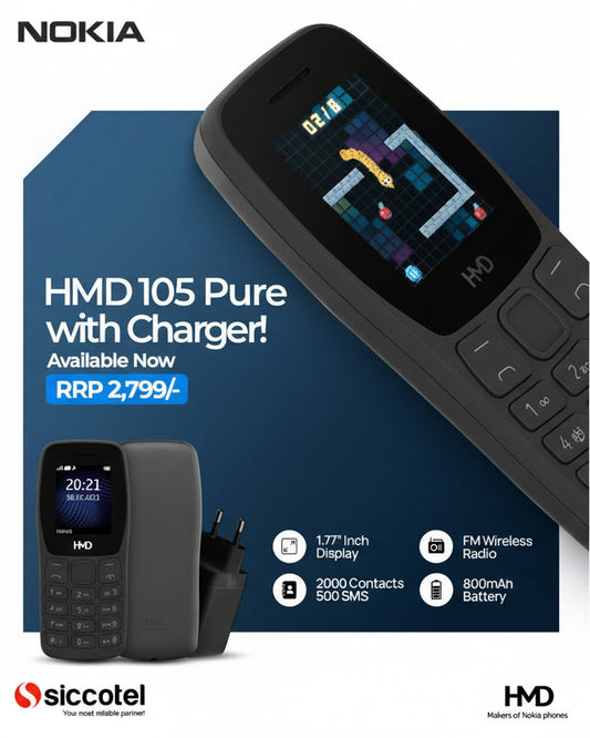 HMD Nokia 105 Pure now with Original Charger | Charcoal