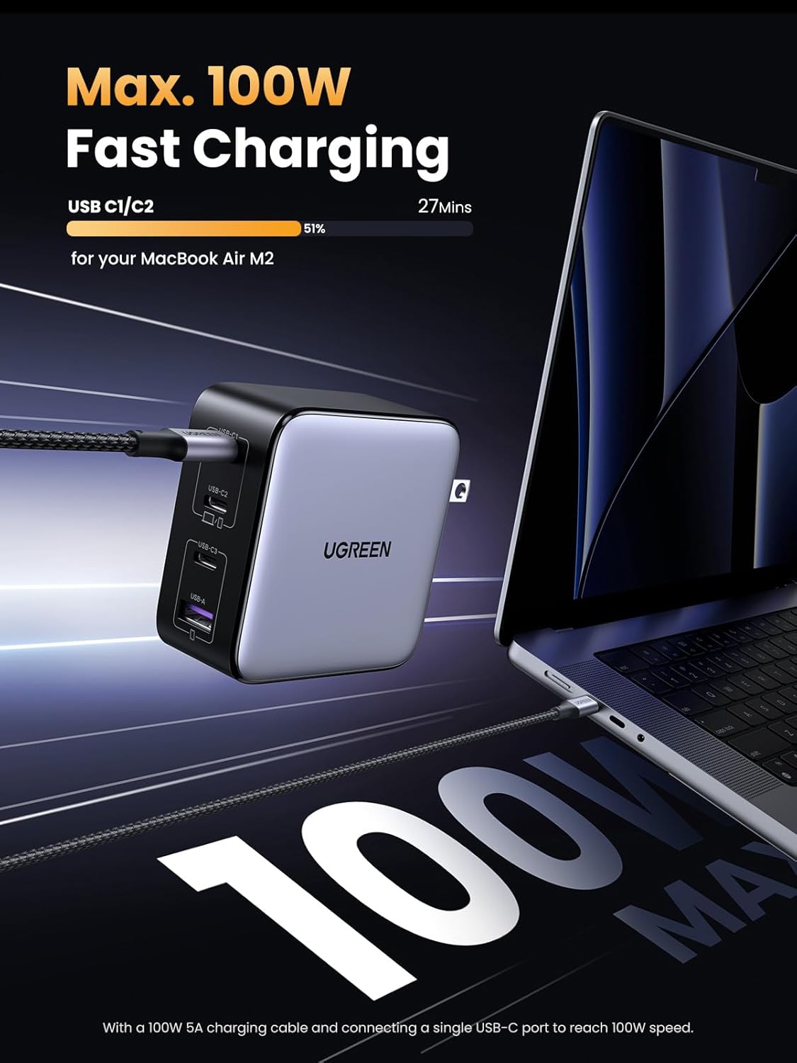 Ugreen 100W GaN PD Charger Set with 1.5m 100W C-C Cable | Latest X564/10375