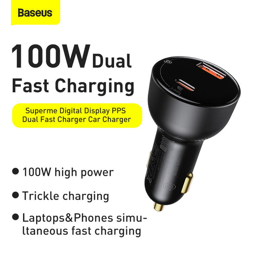 Baseus 100W Car Charger Supreme Digital Display PD+QC3.0 1A+1C port | with C to C Cable