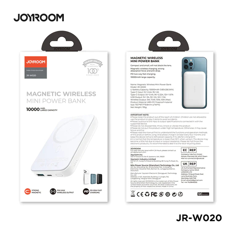 Joyroom Magnetic 20W 10000mAh Wireless Charging Power Bank - Black / White