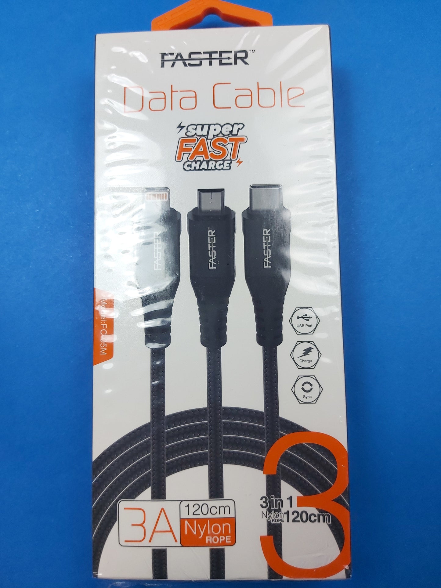 Faster 3 in 1 Fabric Braided 3A Cable | Type-C+Lightening+Micro | High Transmission Speed | FC-05M