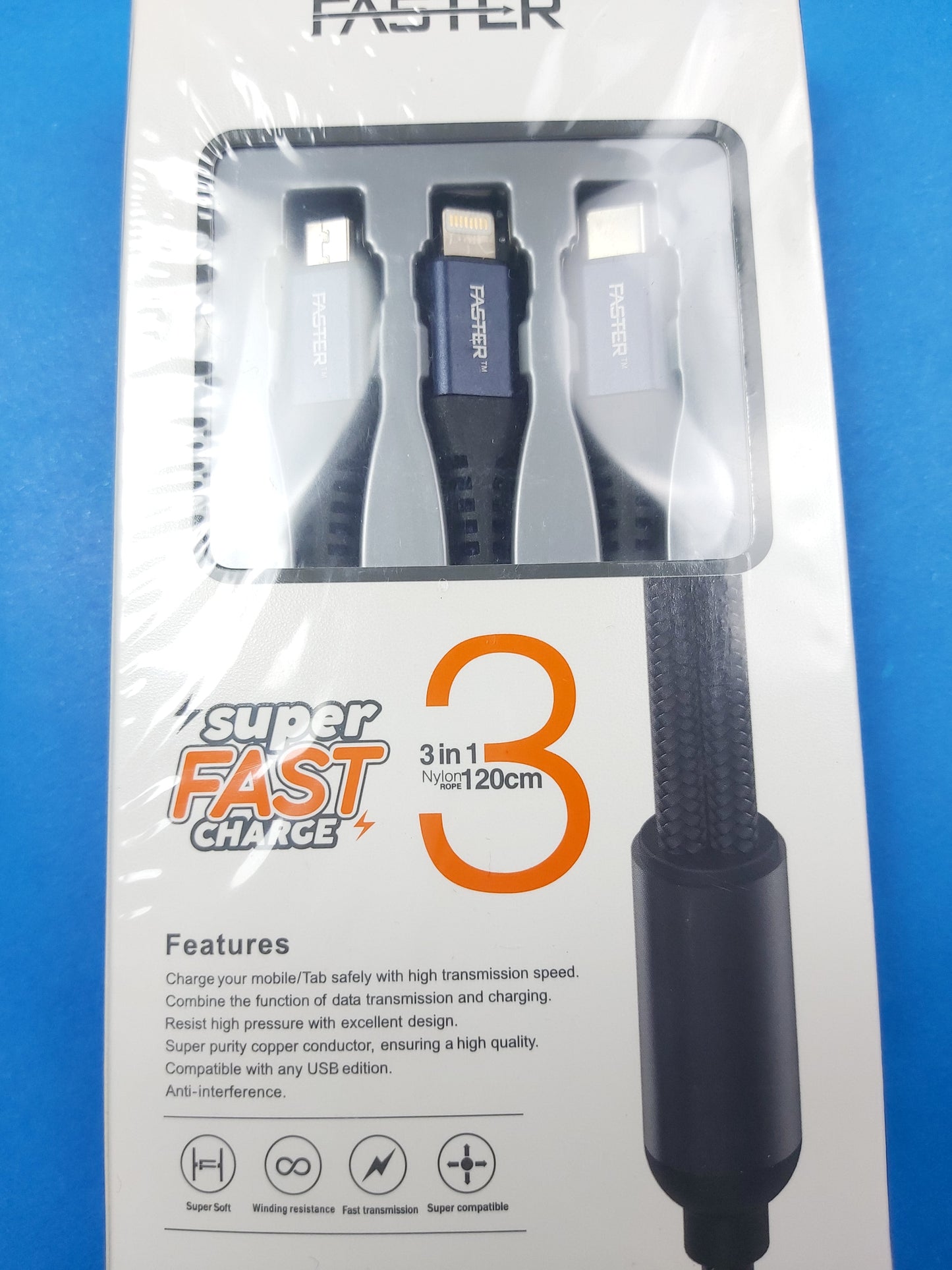 Faster 3 in 1 Fabric Braided 3A Cable | Type-C+Lightening+Micro | High Transmission Speed | FC-05M