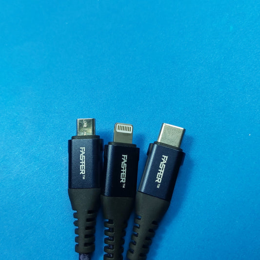 Faster 3 in 1 Fabric Braided 3A Cable | Type-C+Lightening+Micro | High Transmission Speed | FC-05M