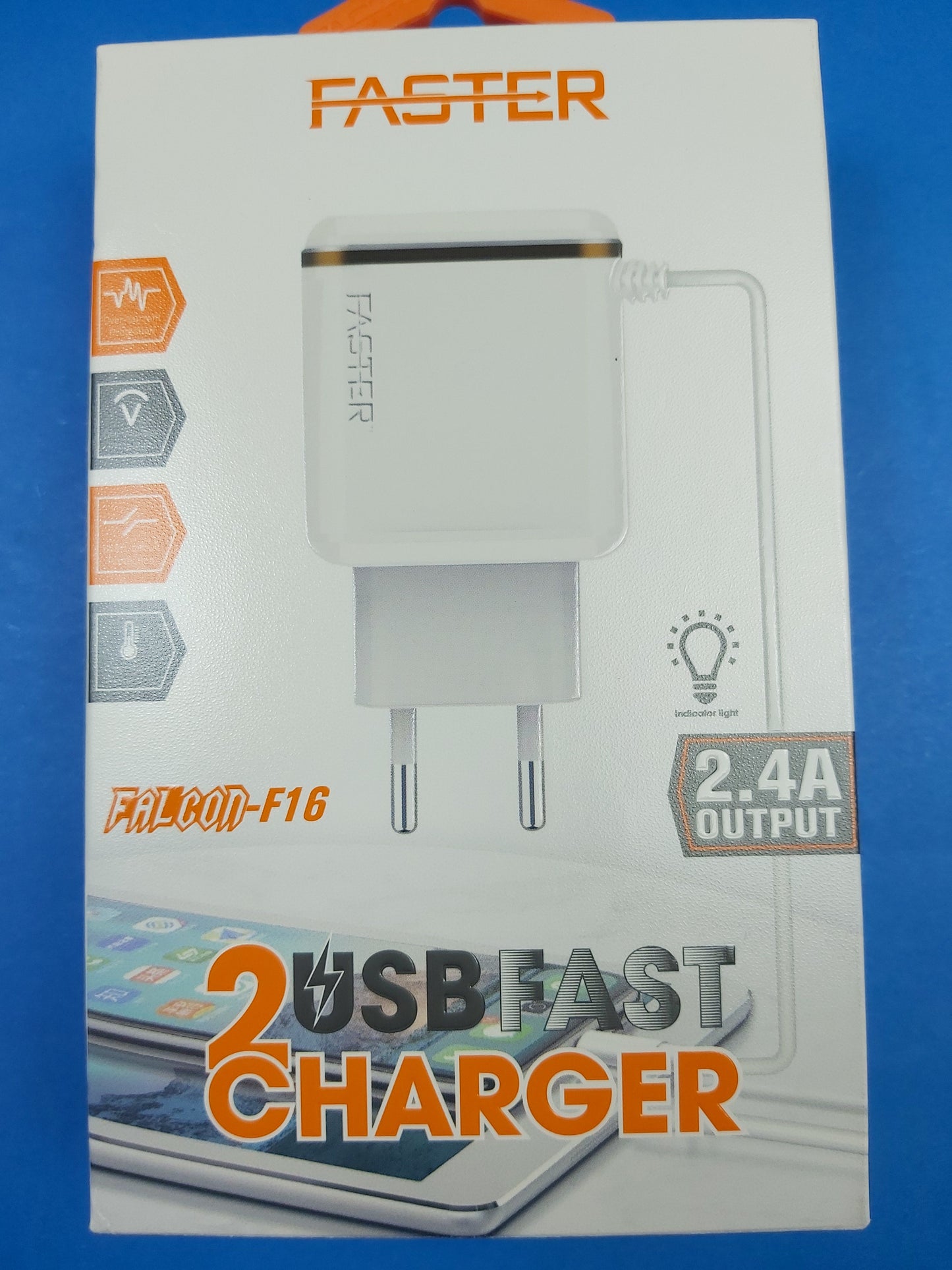 Faster Dual USB Port Travel Charger | 2.4A max | one cable attached | Micro/Lightening/Type-C | F16