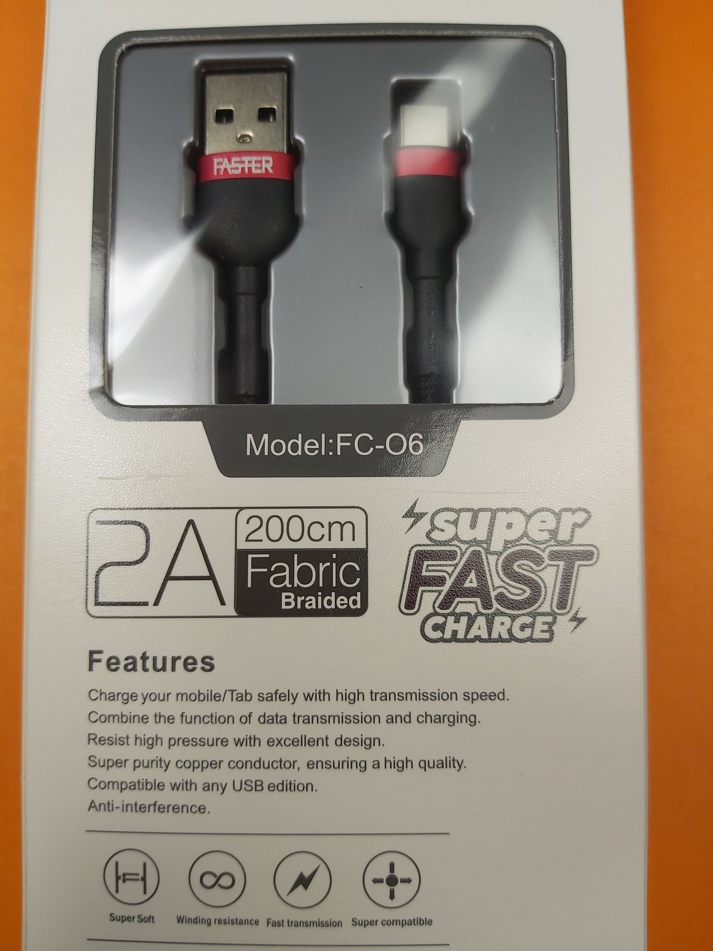 Faster Fabric Braided 2 meter Data & Charging Cable | Micro/Type-C | Super Durable | FC-06