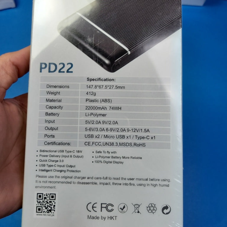 HKT PD22 High Capacity 20000mAh 18W Fast Charging Power Bank, 3 Input Ports