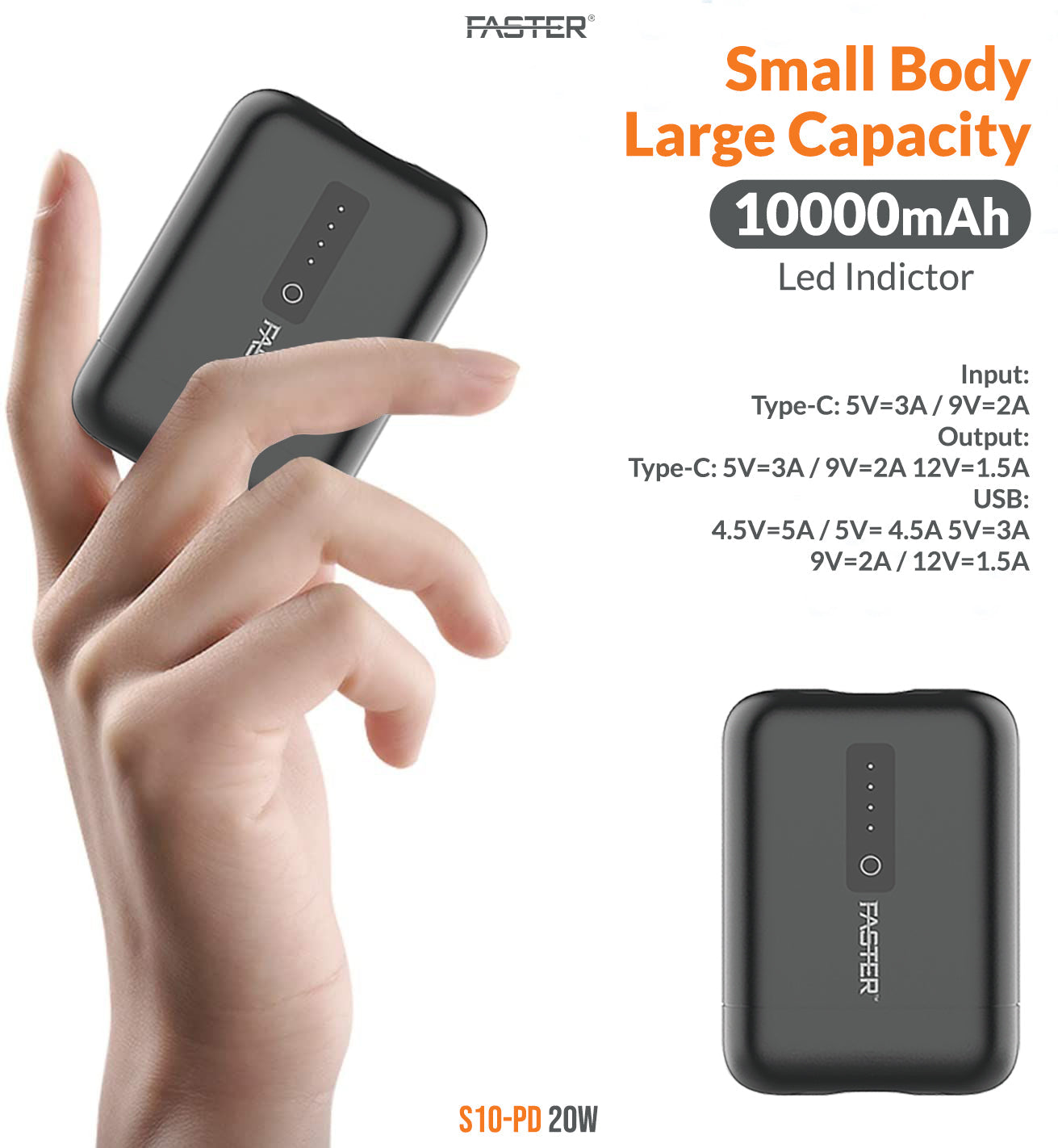 Faster Super Compact PD+QC3.0 10000mAh Power Bank, 20W/3A max in/out | S10-PD