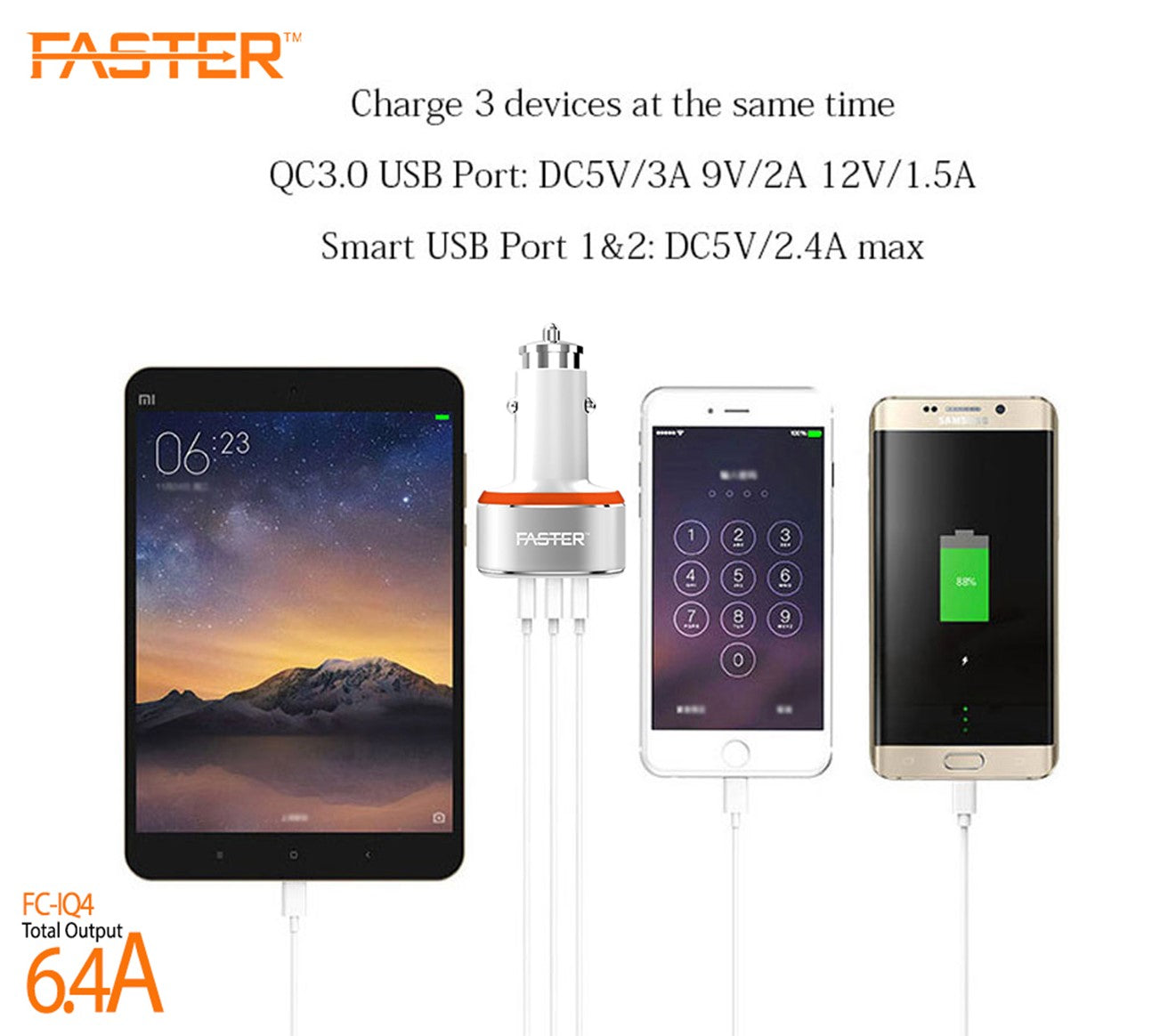 Faster FCC-IQ4 6.4A 3 port VOOC Car Charger