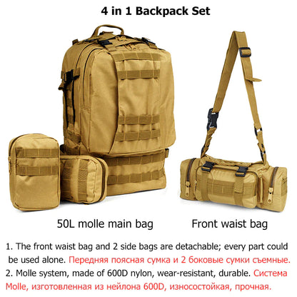 50L-55L Tactical Backpack | 4 in 1 Military Bag | Khaki/Brown | Free Shipping