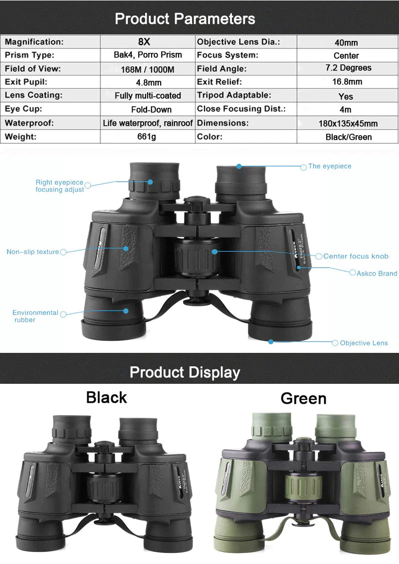 8x40 High Quality Branded Binoculars - Black