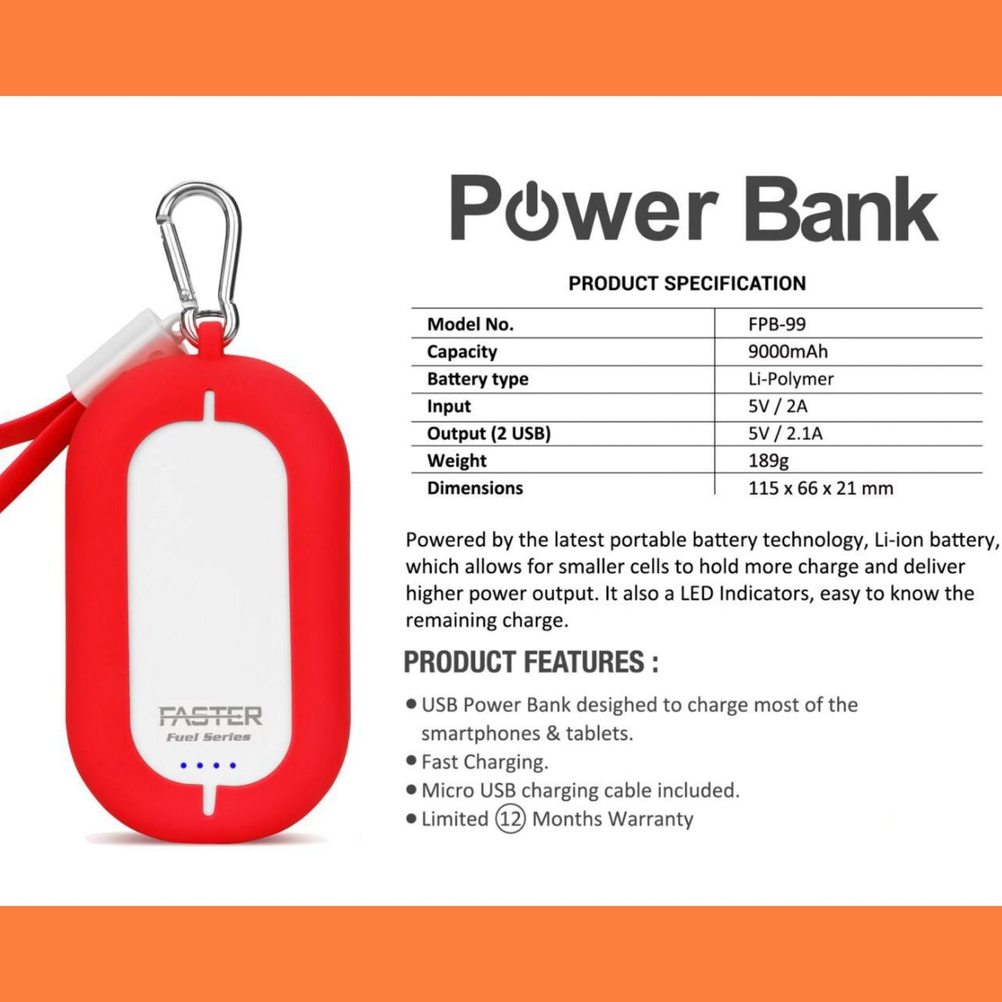 Unique Well finished Power Bank | 9000mAh | FPB-99