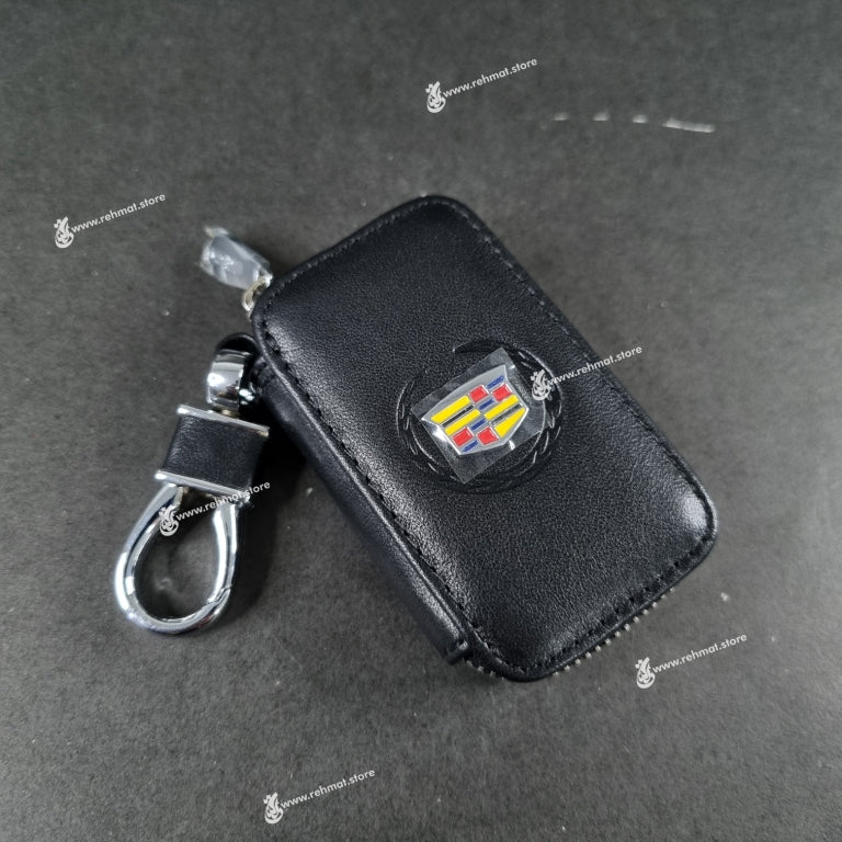 Premium Leather Keychain Key Fob/Car Remote Pouch | Cadillac Logo