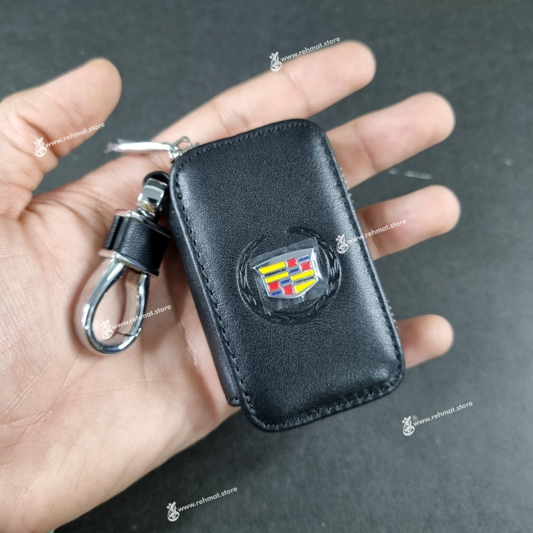 Premium Leather Keychain Key Fob/Car Remote Pouch | Cadillac Logo