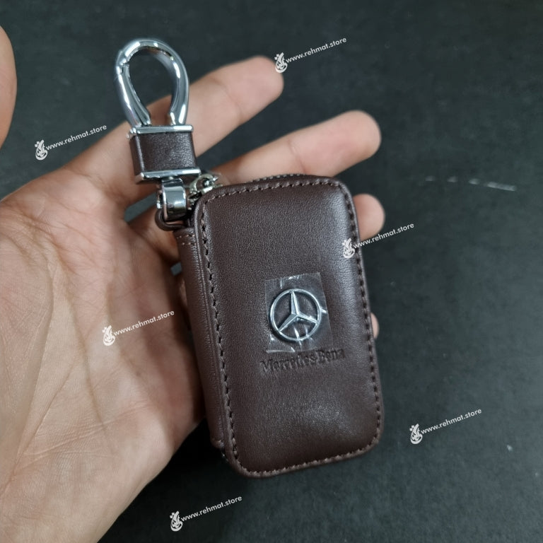 Premium Leather Keychain Key Fob/Car Remote Pouch | Mercedes Logo with window