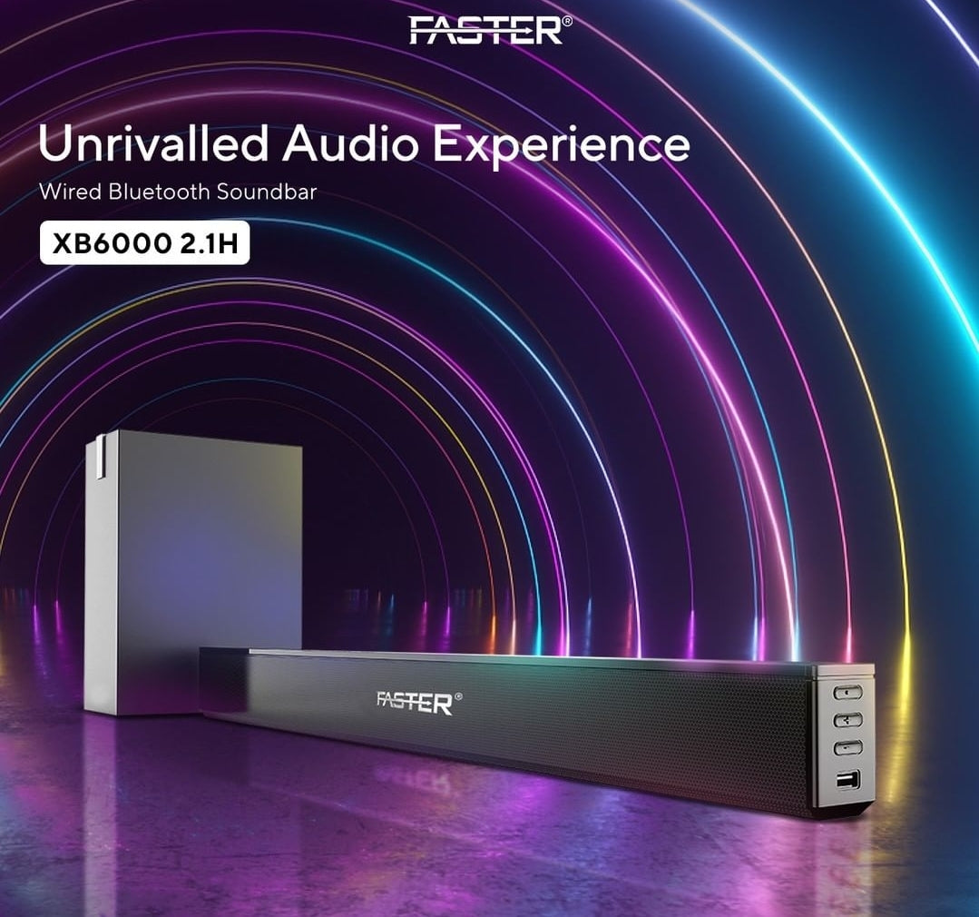 Faster SOUNDBAR 60W Wired BT Speaker 2.1C | 15Wx2 + 30W Sub | 30" Length | XB6000