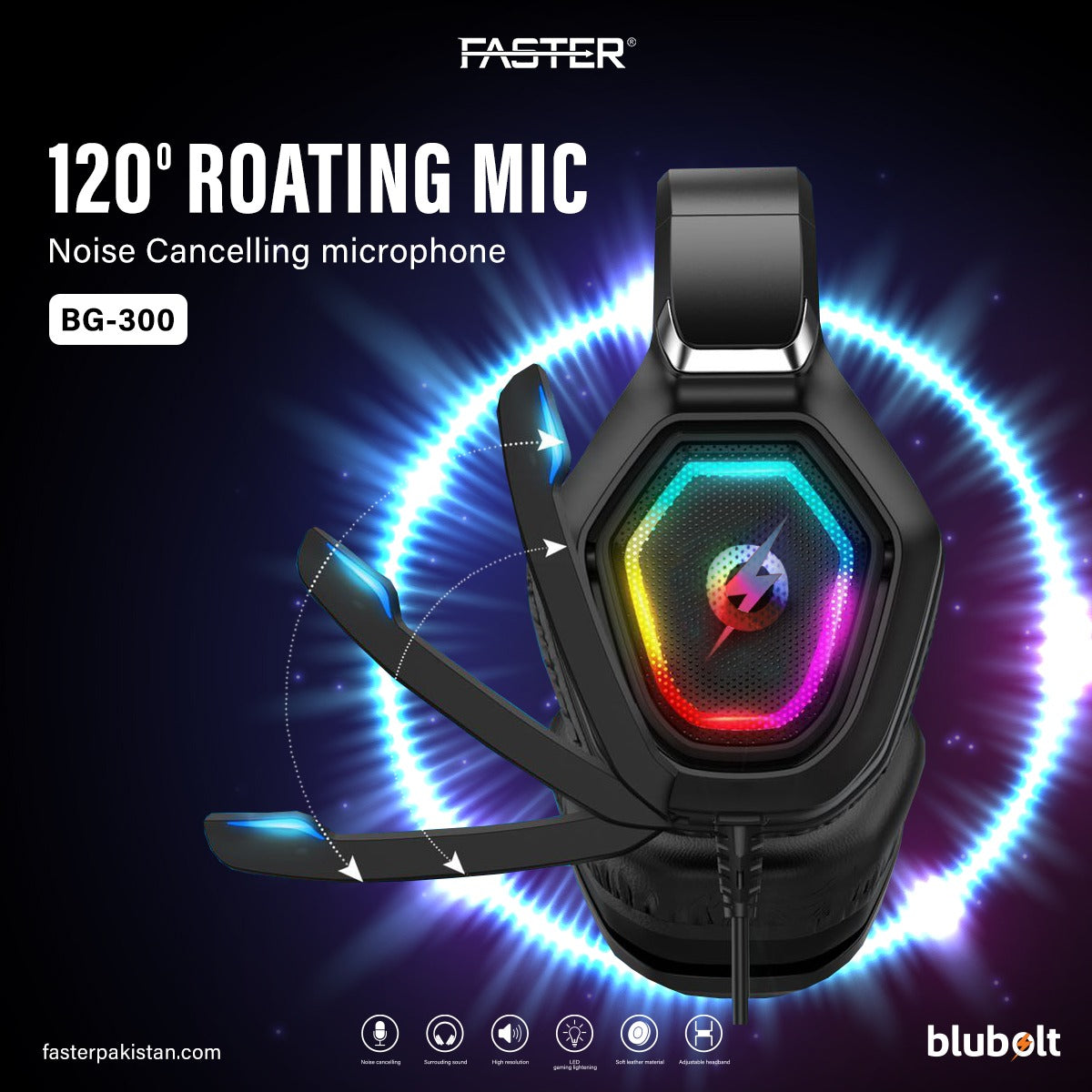 Faster Blubolt BG-300 Gaming Headset/Headphones | Noise Cancelling Microphone